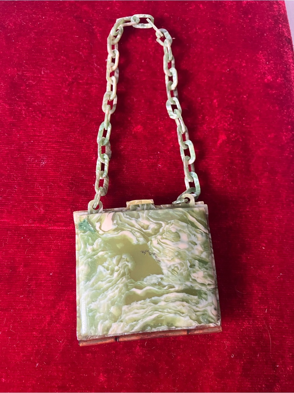 Antique Vintage Art Deco 1920s Green Marble Plastic Celluloid Tiny Chain Purse.